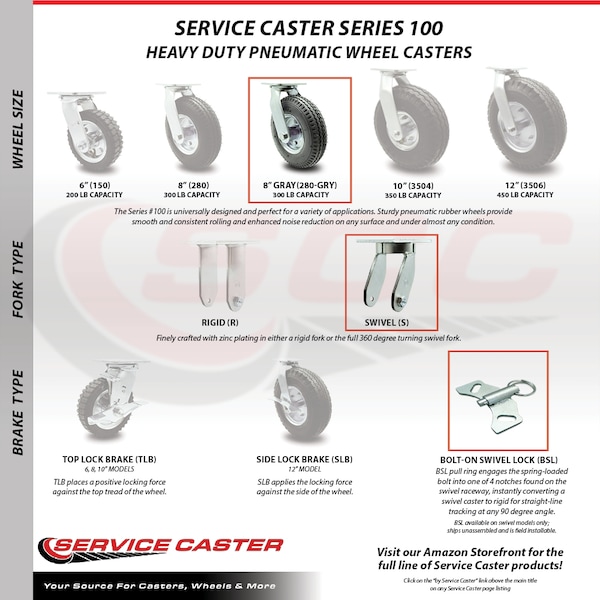 8 Inch Gray Pneumatic Wheel Swivel Caster with Bolt Swivel Lock